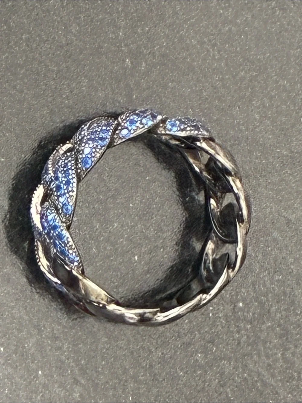 925 Sterling Silver Blue Pavé Chain Ring Sz 7- Statement/ Black Rhodium.